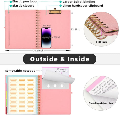 Ospelelf Pink Foldable Spiral Clipboard Folio with 39 Stickers, 5 Plastic Folders, 10 Pockets, Zipper Pouch, Refillable