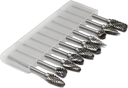 Carbide Burr Set - 10pcs Double Cut Solid Carbide Rotary Burrs, 3mm Shank for Woodworking and Metal Carving