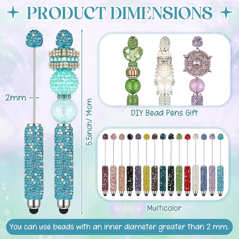 Tondiamo 15 Pcs Glitter Beadable Stylus Pens Full Rhinestone Stylus Pens for Beads DIY Diamond Beaded Kit for Rubber