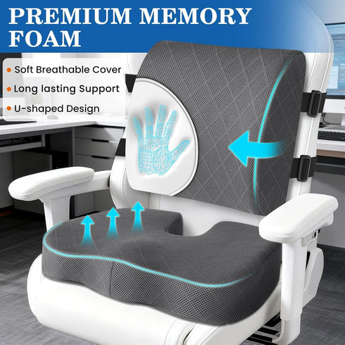 TushGuard Back&Seat Cushion, Car Seat Office Chair Cushions, Breathable Memory Foam Lumbar Back Support Pillow