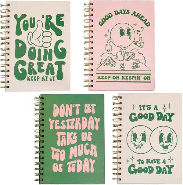Pink Green Aesthetic Hardcover Notebooks, A5 size 5.8 x 8.3 inch, 4 Pack, Cute Spiral Journal for School, Retro