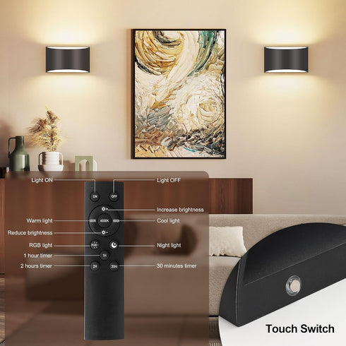 Dimmable 3000K/4000K/6000K Hallway(Black,2P) TRLIFE Rechargeable Battery Operated Wall Sconces, Remote Control LED Wall