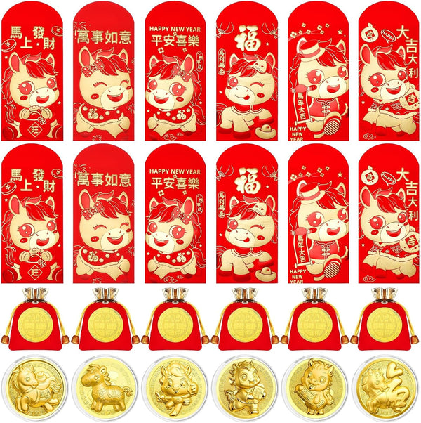 DAVAXI 24 Pcs Horse Coins Red Envelope Chinese New Year Gift 2026 Chinese