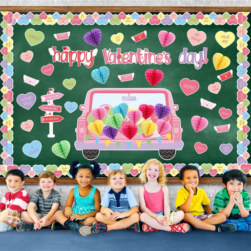 TaoBary 85 Pcs Valentine's Day Bulletin Board Set, 3D Heart Honeycomb Owl Love Truck Cutouts for School Party