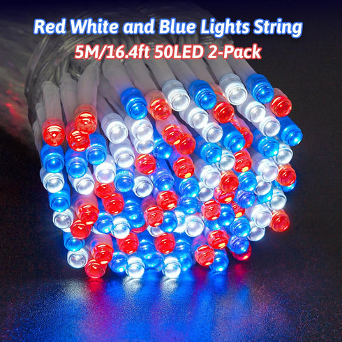 FFZZKJ 4th 100 33ft 2-Pack Red White and Blue Lights String for of July Decorations Outdoor Total LED for Memorial Day