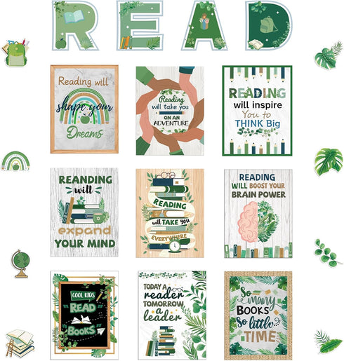 Hedeey 45 PCS Reading Bulletin Board Set - Eucalyptus Classroom Decorations with Motivational Positive Sayings Posters