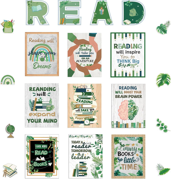 Hedeey 45 PCS Reading Bulletin Board Set - Eucalyptus Classroom Decorations with Motivational Positive Sayings Posters