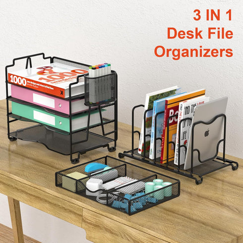 Mesh Desk Organizer - 3-IN-1 Desktop Organizer with 4 Tier Tray and 5 Upright Sections, Black File Organizer with Drawer