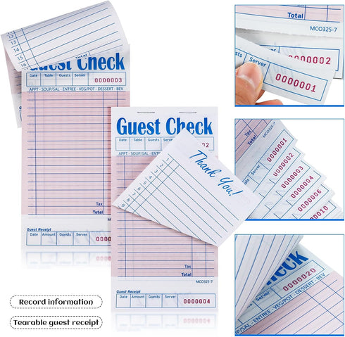 Rcybeo (20 Pack) 50 1000 Guest Check Pads Numbered Server Note Pads, Waitress Order Notepad, Food Receipt Book, Checks