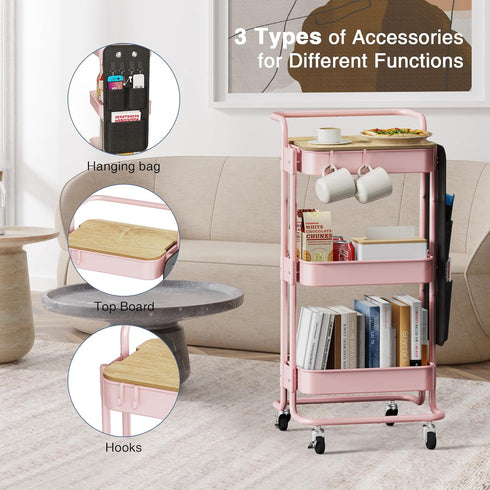 DTK 3 Tier Metal Utility Rolling Cart - Storage Organizer Cart with Table Top and Side Bags