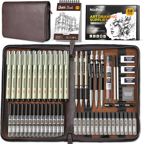 Nicpro 58 PCS Art Drawing Supplies Kit in Leather Case, Art Mechanical