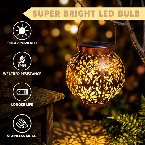 2 Pack JOIEDOMI Outdoor Solar Hanging Lantern Lights, Waterproof Tabletop with Handle, LED Moroccan Lanterns, Metal