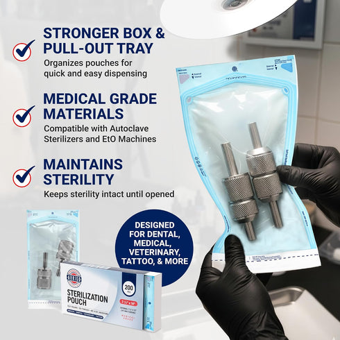 7.5" 14" 200 Count Arrigo Self-Sealing Sterilization Pouches x Autoclave Bags with Internal & Dual (Int/Ext) Indicators