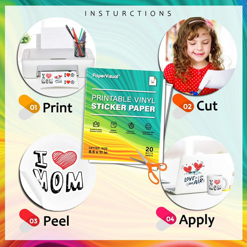 Printable Permanent Vinyl Paper, 20 Sticker Sheets for Printer, Matte White Waterproof, Thick Tear-Resistant