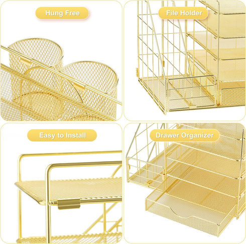 Marbrasse Rose Gold Desk Organizer - 5-Tier Paper Letter Tray with Drawer and 2 Pen Holder, Mesh Desktop Storage