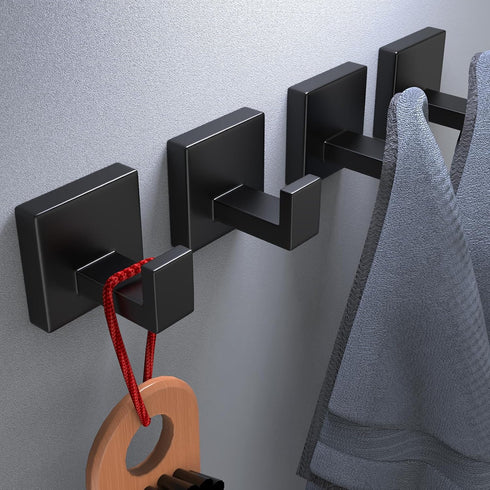 VAEHOLD 4 Pack Robe Towel Hooks for Bathrooms - Matte Black Heavy Duty Wall Mounted Shower Hooks for Kitchen