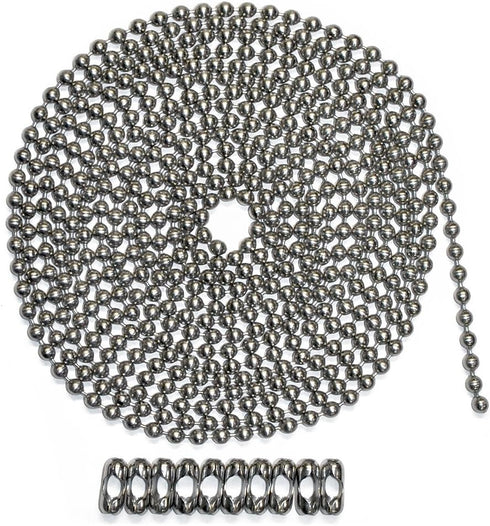 10 Foot Length Ball Chain, Number 10 Size, Stainless Steel & 10 Matching 'B' Couplings