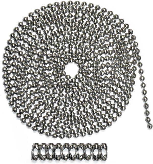 10 Foot Length Ball Chain, Number 10 Size, Stainless Steel & 10 Matching 'B' Couplings