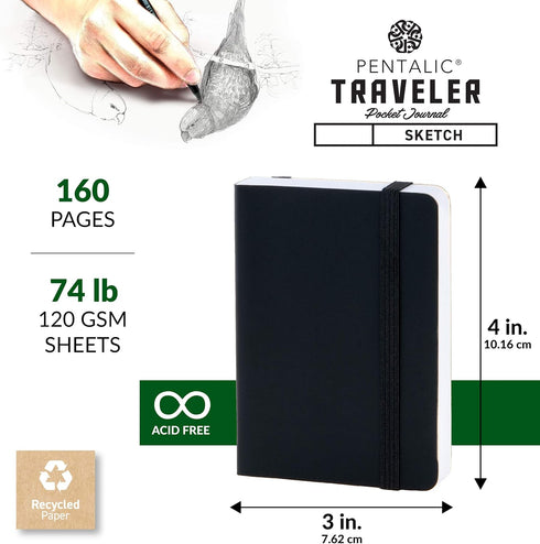 Pentalic Pocket Sketchbook: 3" x 4" Traveler Journal, 160 Pages, Black