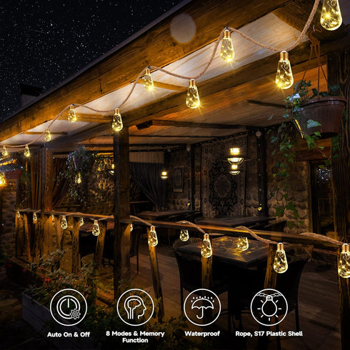 20Ft 8 16 Bulbs Solar Outdoor String Lights, Vintage Rope Hemp Solar Patio Lights, Waterproof Warm White Solar Powered