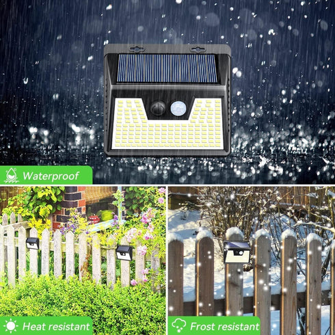140 3 Peasur Solar Lights Outdoor Motion Sensor, LED Solar Powered Fence Light Waterproof, Modes Security Wall Lighting