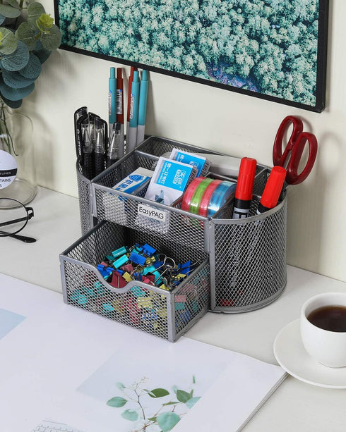 EasyPAG Mesh Desktop Organizer, Multi-functional Caddy with Drawer, Silver