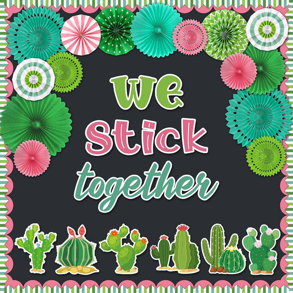 Qilery 55 Pcs Cactus Theme Bulletin Board Set, Colorful Honeycomb Paper Fans for Classroom Chalkboard Decoration