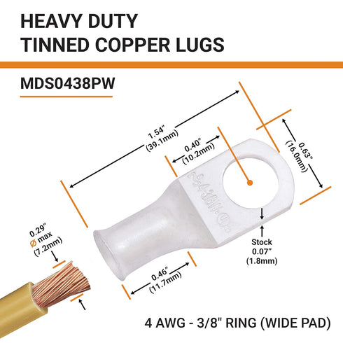 SELTERM 25pcs 4 AWG 3/8" Stud Marine Grade Tinned Copper Battery Cable Lugs, 4 Gauge Ring Terminals