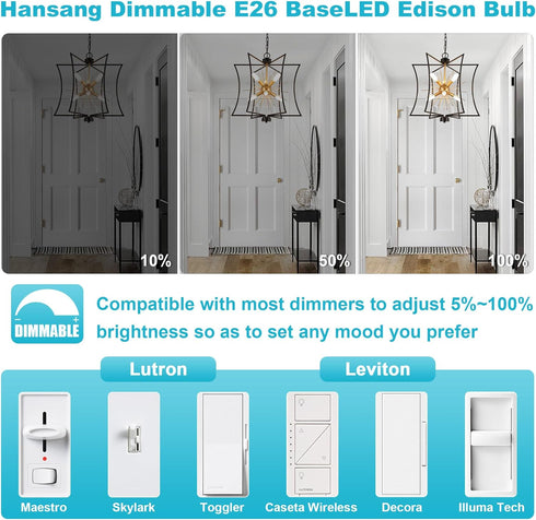 hansang T10 LED Bulb for Chandelier, E26 Base, 5000K Daylight, 40 Watt Equivalent, Dimmable, 6 Pack, 400LM