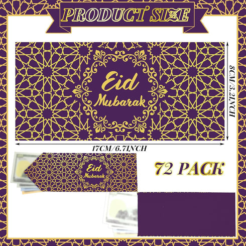 Sinmoe 72 Pcs Eid Mubarak Money Envelopes Bulk 6.7 x 3.2 inch Gold Foil Cash Set for Eid Holiday