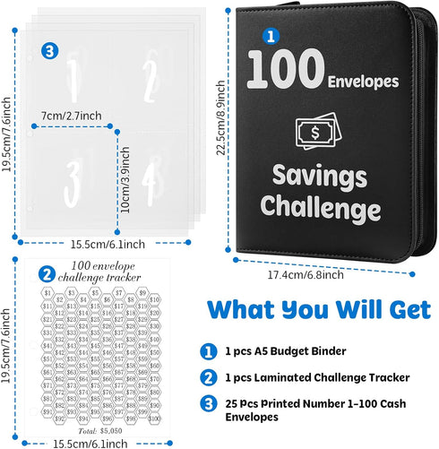 100 Envelopes Money Saving Challenge Binder with Laminated Tracker, Money Saving Challenge Budget Binder with Cash Envelopes, Savings Challenge Book with Zippe to Save $5,050