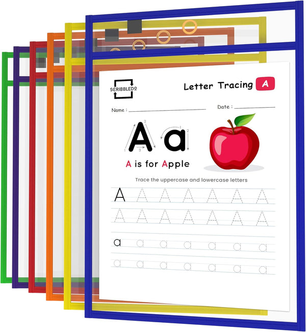 Scribbledo 6 Pack Reusable Dry Erase Sleeves with Marker Holder, Colorful Pocket Sleeves for School or Work
