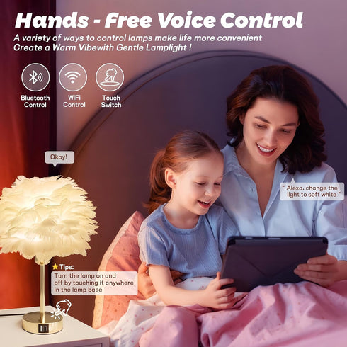 9W 800LM Dimmable Smart Touch Control Bedside Table Feather Lamp Night Light with USB Charging for Girl, Baby, Alexa