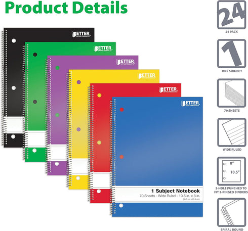 Better Office Products 1-Subject Spiral Notebooks, 24 Pack, Wide Rule, 70 Sheets, 8 x 10.5 Inches, Assorted Colors