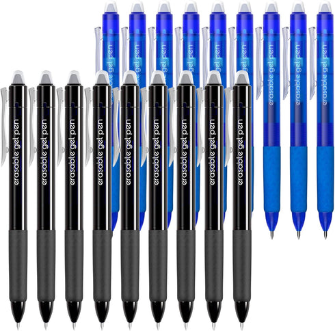 Vanstek 18 Pack Retractable Erasable Gel Pens, 9 Black & 9 Blue, Fine Point (0.7) for Writing and Note Taking
