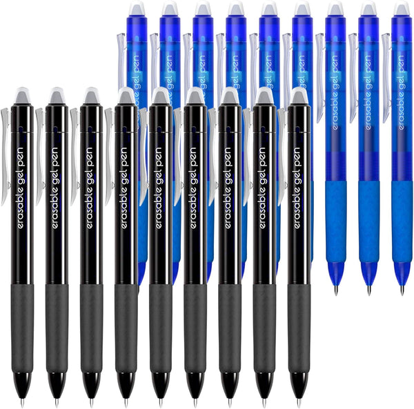 Vanstek 18 Pack Retractable Erasable Gel Pens, 9 Black & 9 Blue, Fine Point (0.7) for Writing and Note Taking