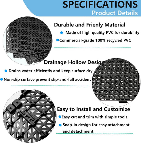 EVANCENT 8Pack Drainage Interlocking Floor Tiles, Non-Slip Pool Deck Drain Tiles for Flooring, Soft PVC Splicing