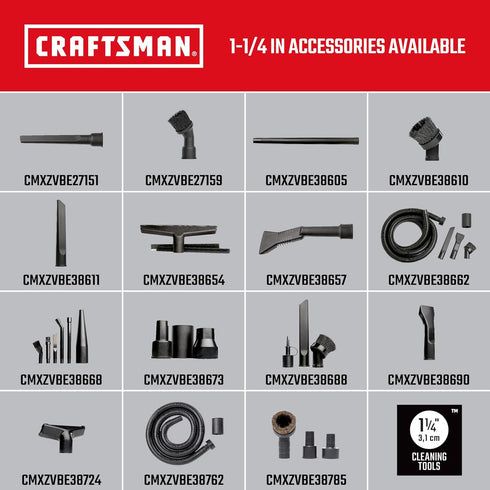 CMXZVBE38668 1-1/4 6-Piece 1-1/4 CRAFTSMAN in. Micro-Cleaning Wet Dry Vac Attachment Kit, Industrial-Grade Shop Vacuum