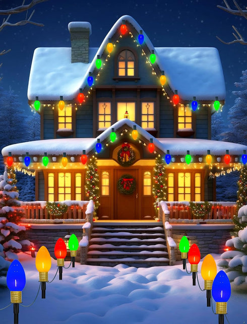C9 7Ft 4 C9 Bulbs, Christmas Pathway Stake Lights, String Lights with Jumbo Multicolor LED Stake, Christmas Decorations