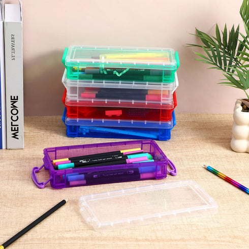 Caeuiciw 10 Packs Plastic Pencil Box Stackable Pencil Case Bulk Crayon Box with Snap Tight Lid Plastic Brush Painting