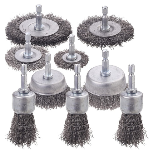 9 Pcs Wire Brush Wheel for Drill, 0.012 Coarse Carbon Steel Crimping Wire Brush for Rust Removal