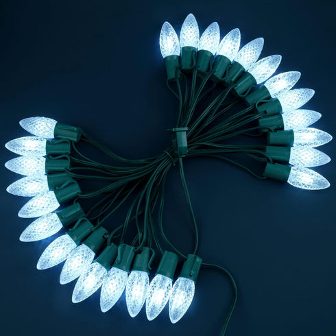 C9 25 25 Count 12" Bulbs Set YULETIME Cool White LED Christmas Lights, Feet Spacing Faceted Strawberry UL Certified