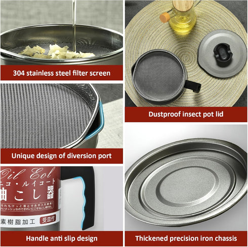 UWEOTYYY 1.7L Bacon Grease Container with Strainer, Cooking Oil Container with Anti-scalding Handle and Coaster Tray