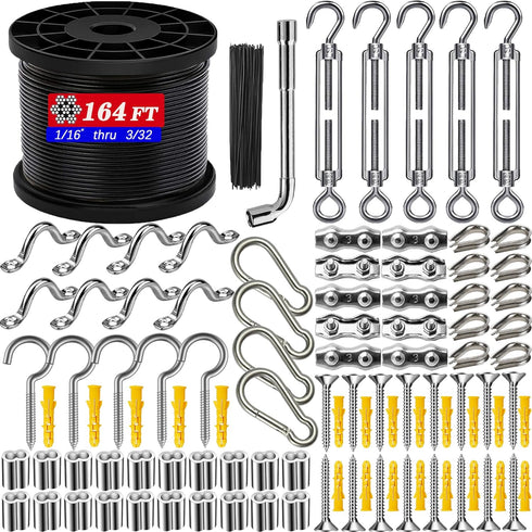 164FT Outdoor String Light Hanging Kit - Heavy Duty Black Vinyl-Coated Stainless