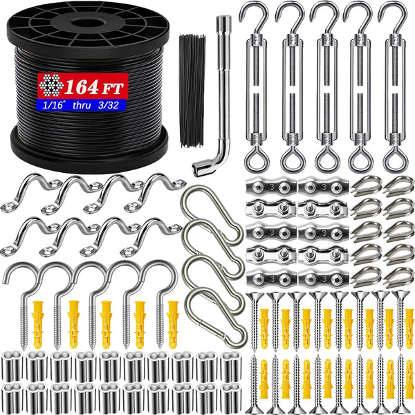164FT Outdoor String Light Hanging Kit - Heavy Duty Black Vinyl-Coated Stainless