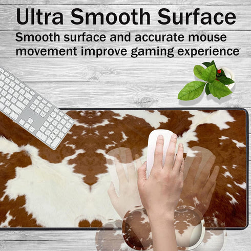 VSOJSOJKE Set Large Game Mouse Pad + Wrist Support Pad + Coffee Coaster, Brown Cow Print Pattern Foldable Table Mat