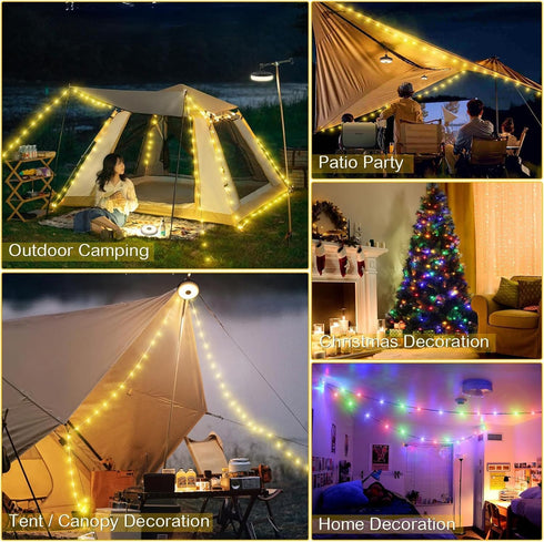 8 32.8FT 2 Pack Camping String Lights, Rechargeable Tent Lights String with Lighting Modes, Camping Essentials Gear