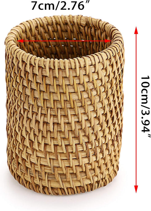 BTSKY Handmade Rattan Pen Cup, Multi-Functional Woven Basket, Desk Pencil Holders, Makeup Brush Holder, Office & Home