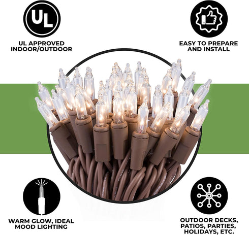 612 100 18 20 (Pack 2) Vermont Clear Mini Christmas String Lights on Brown Wire Cord, UL Approved for Indoor/Outdoor