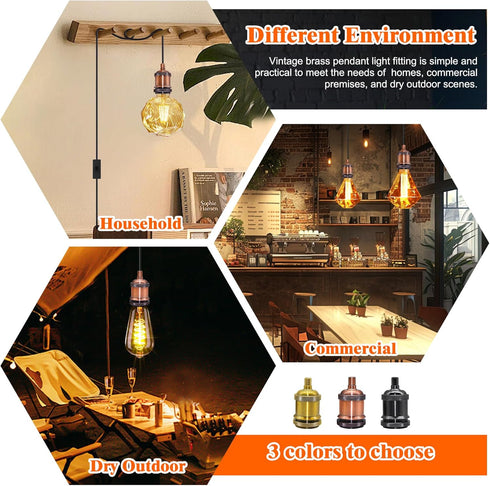 Puanticn 16.4 E26 E27 Bulb Vintage Brass Plug in Pendant Light Fixture, Ft Black Thicken Round Cable Hanging Lamp Kit